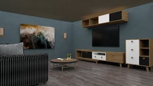 Chic modern living room featuring stylish furniture and abstract art for contemporary elegance.